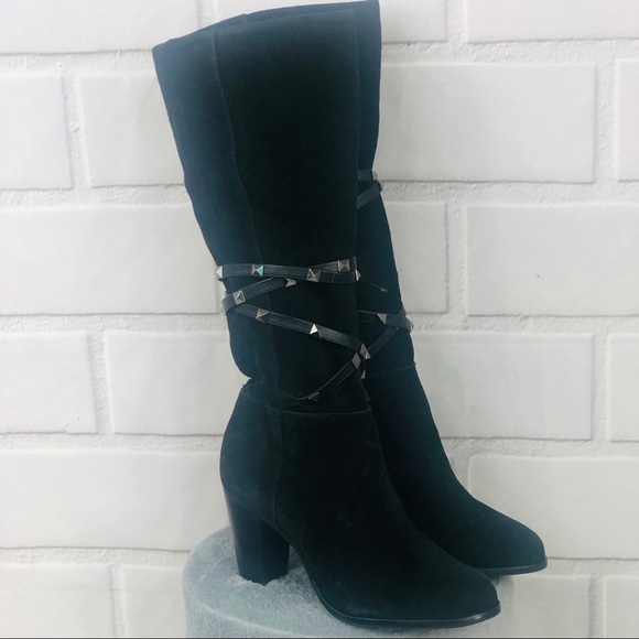 Leather suede black boots with studded straps - Picture 3 of 8